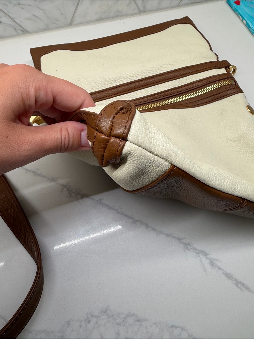 Hammitt Cream and Brown Leather Foldover Crossbody - Picture 14 of 16